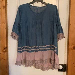 Denim look lace trimmed long shirt